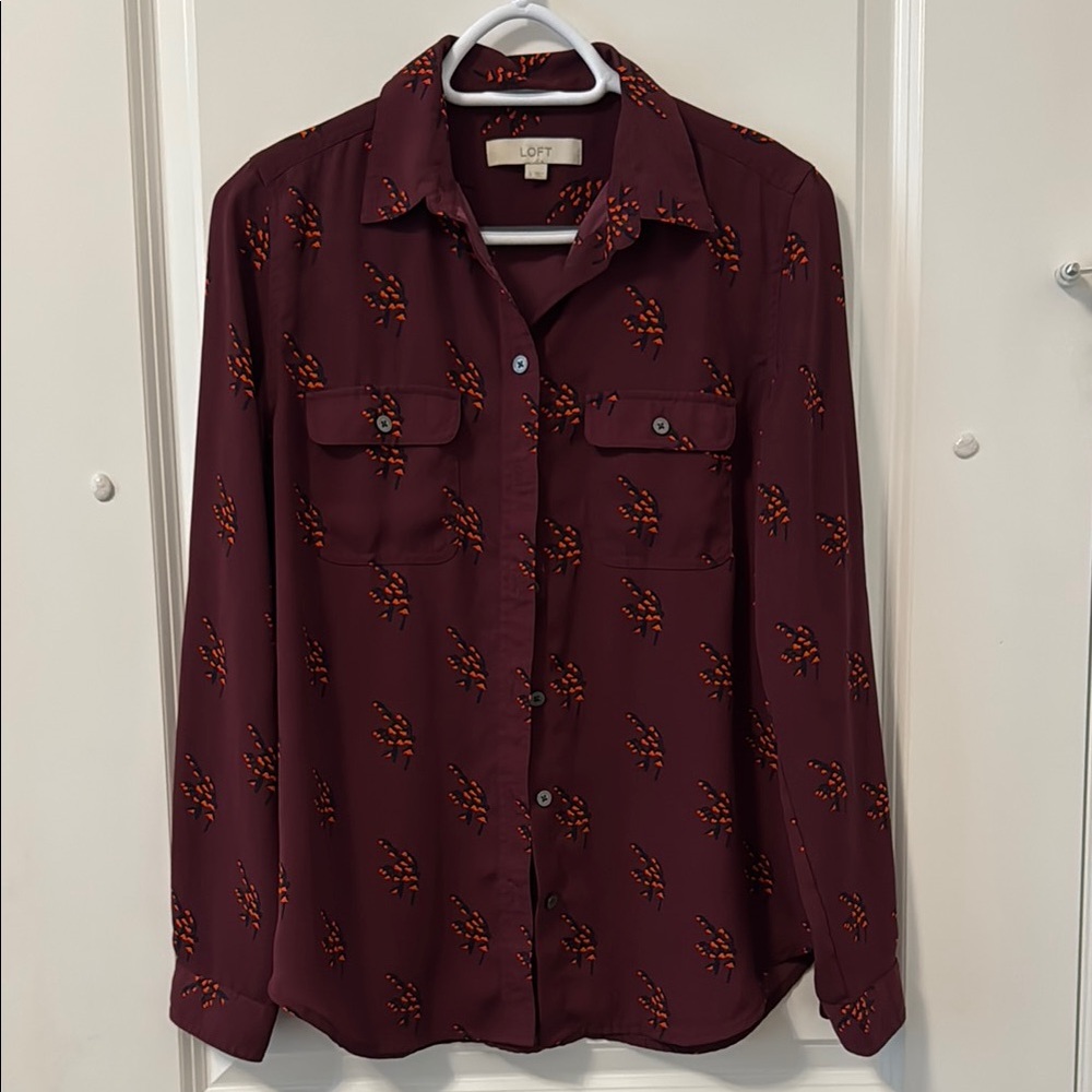 LOFT Dark Burgundy Violet Shirt with Orange Accents